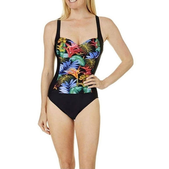 LA Blanca Coastal size 8 Front Shirred One Piece Swimsuit Black Floral - Picture 1 of 16